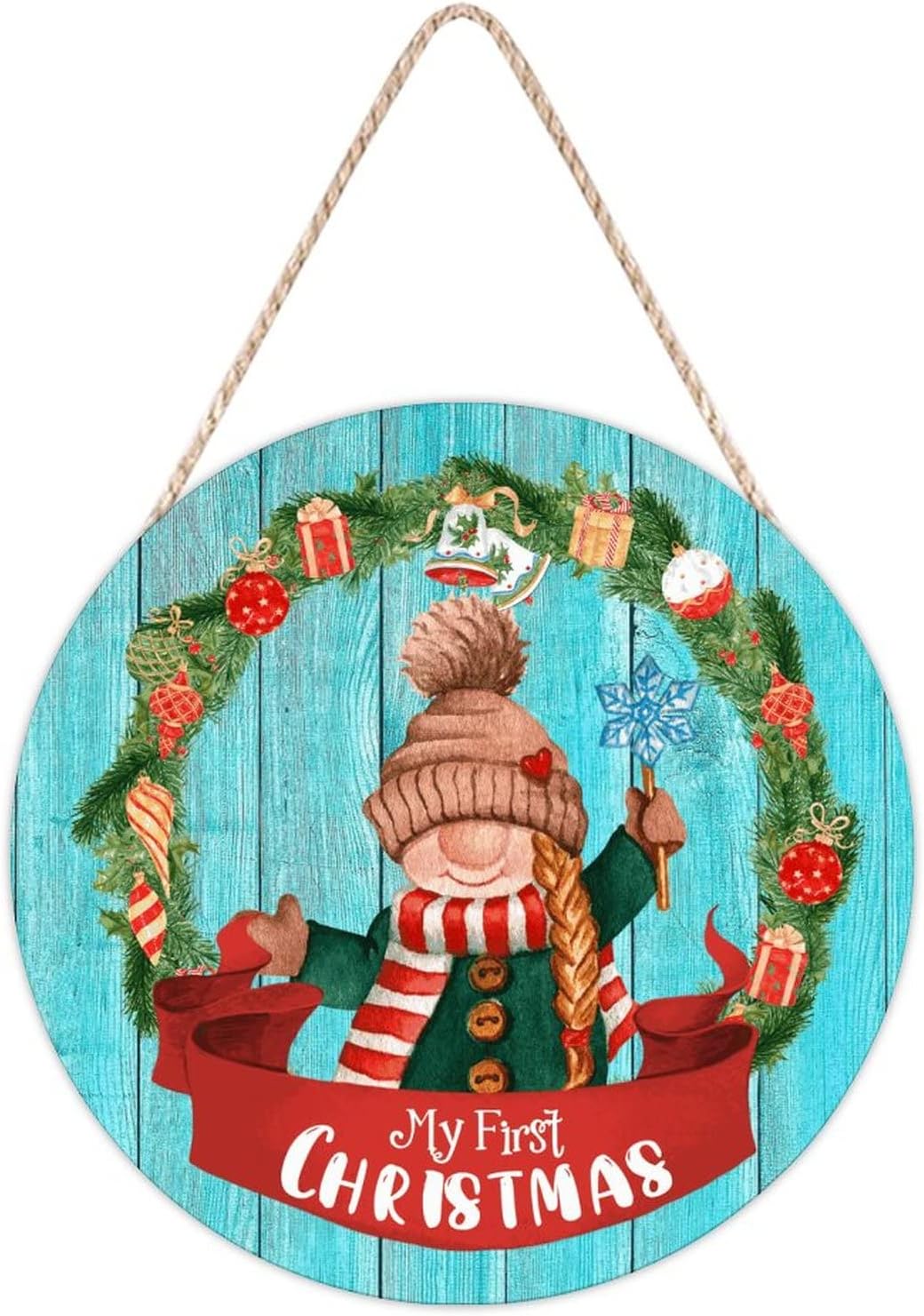 Farmhouse Door Hanger Christmas Holly Wreath Gnome Wood Sign