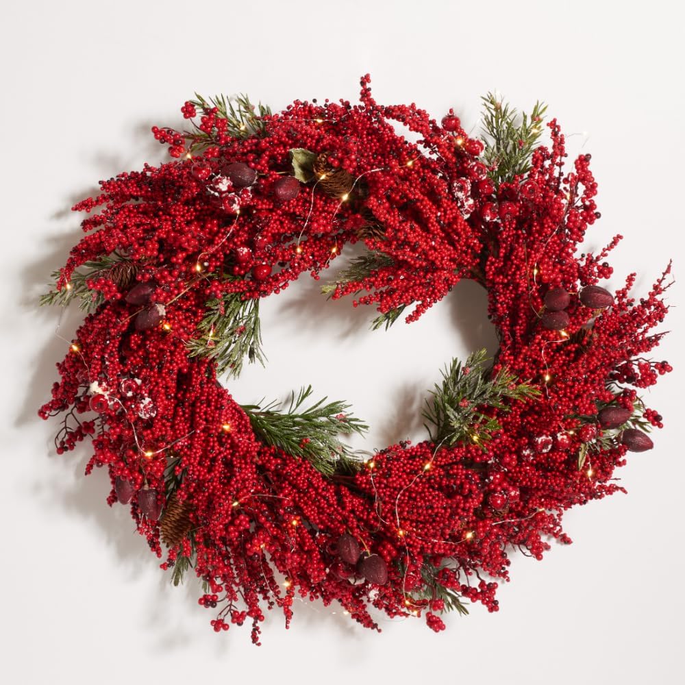 SAFAVIEH 30-Inch LED Light Wreath with Pine and Red Berries