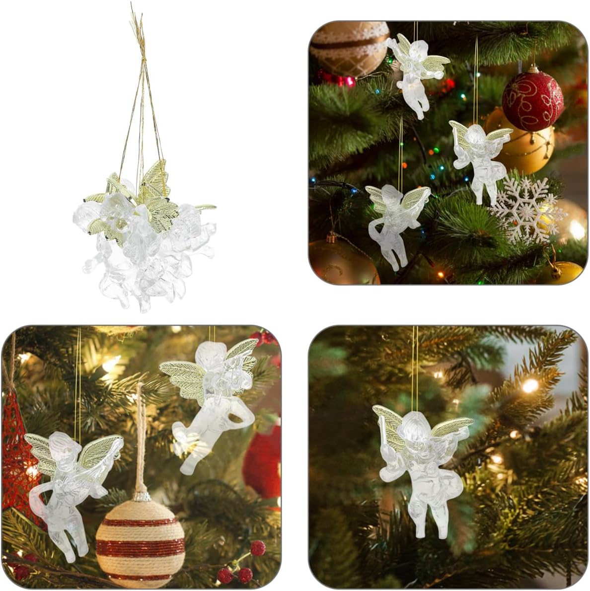 PRETYZOOM 24pcs Crystal Clear Christmas Angel Ornaments with Gold Wings