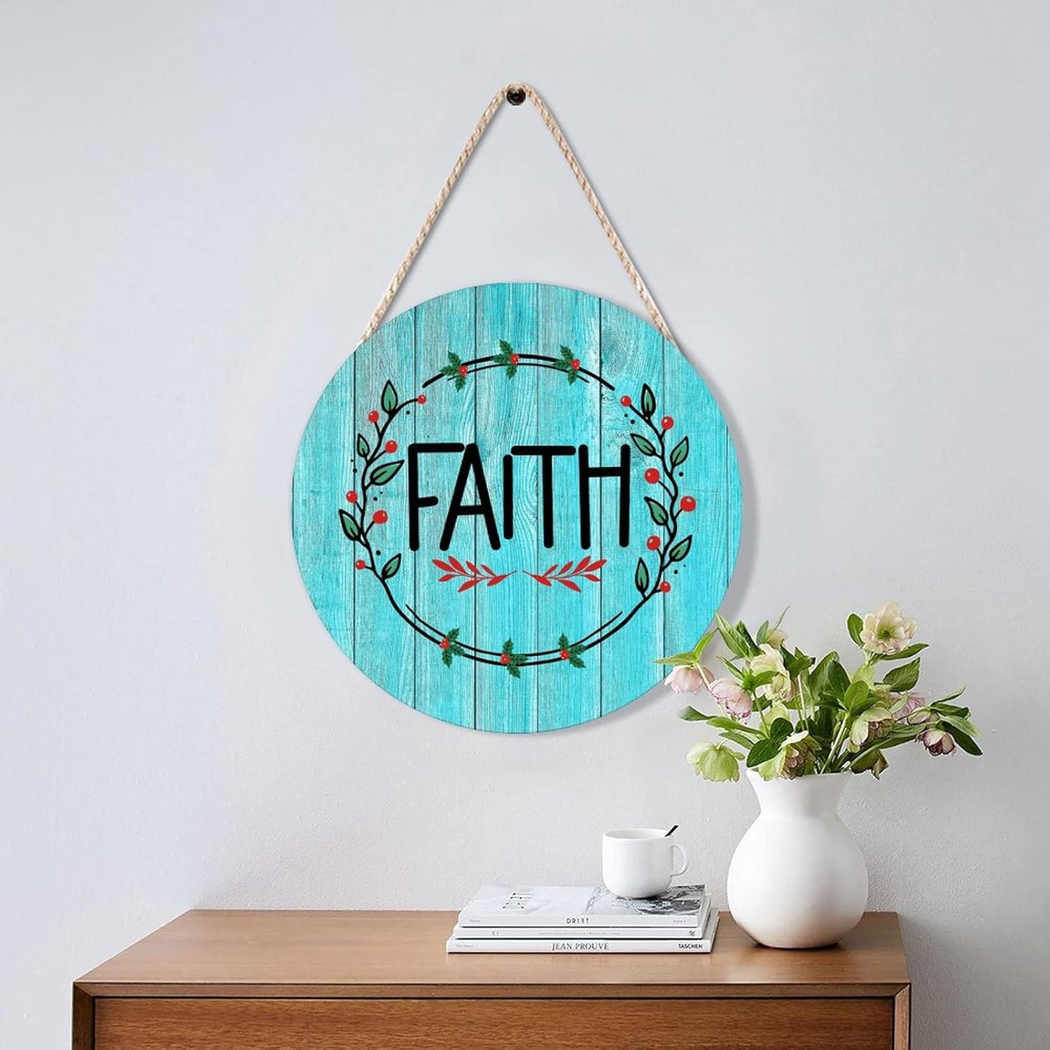 Faith Green Leave Wreath Wood Door Hanger Christian Quote Sign