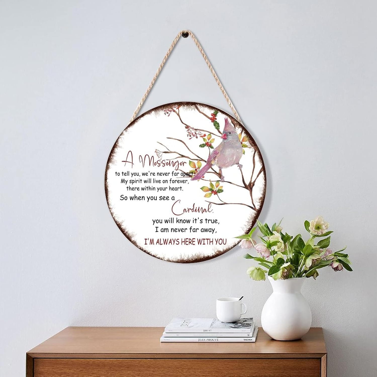 Farmhouse Front Door Hanger with Red Birds and Im Always Here Quote