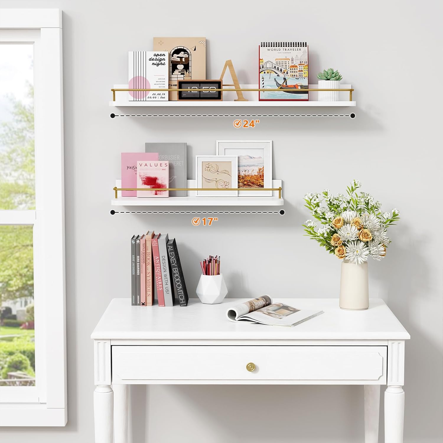 Forbena 24 Inch Floating Shelves Set of 3 Gold and White
