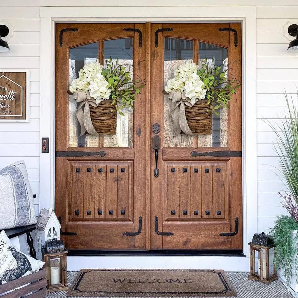 2025 Cream Hydrangea Door Wreath with Rattan Basket