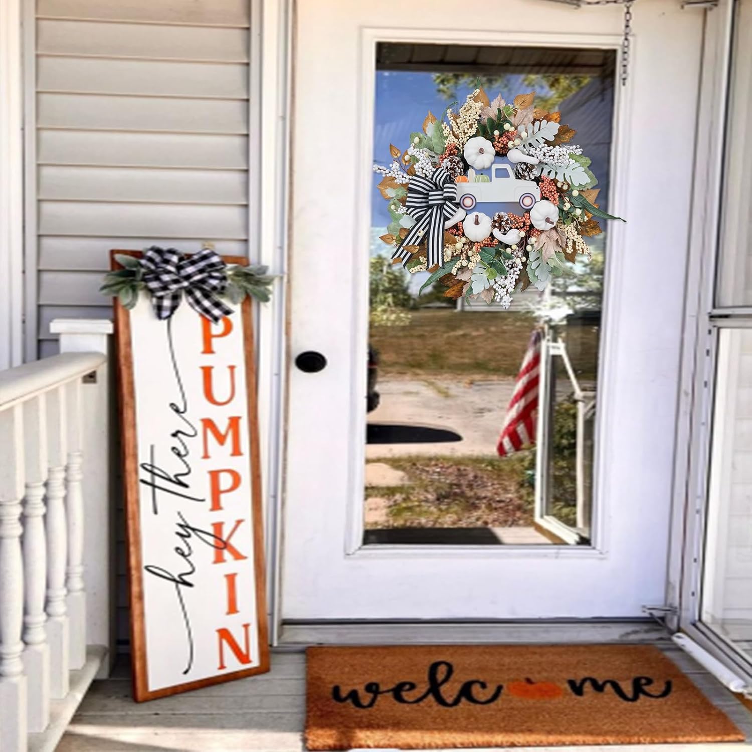 20 Inch Fall Wreath with White Pumpkin and Ribbon Bow