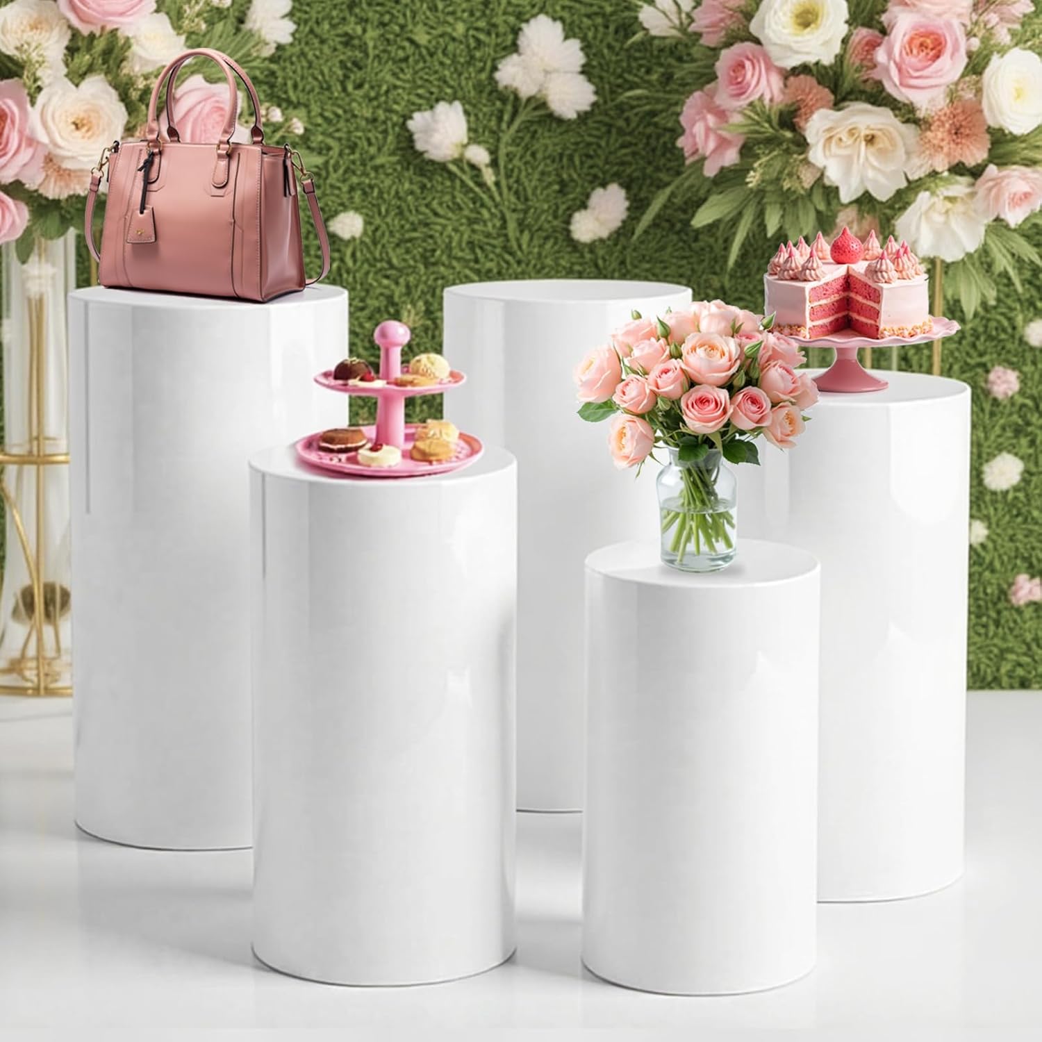 Cylinder Stands for Party - 5 Pcs White PVC Display Pedestal Stand