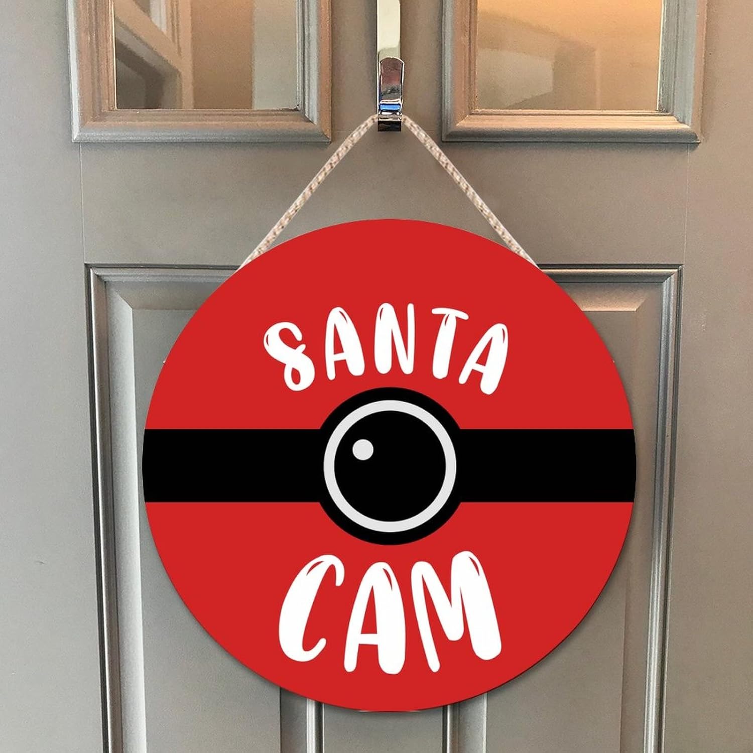 Farmhouse Door Hanger Red Funny Elf Surveillance Wood Sign