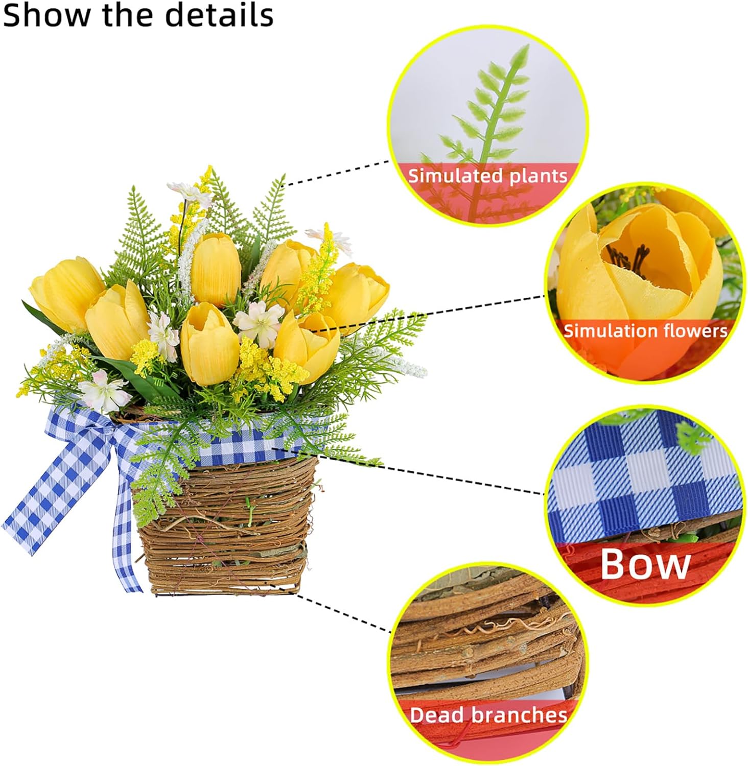 Tomotato Tulips Door Wreath Basket with Wildflowers
