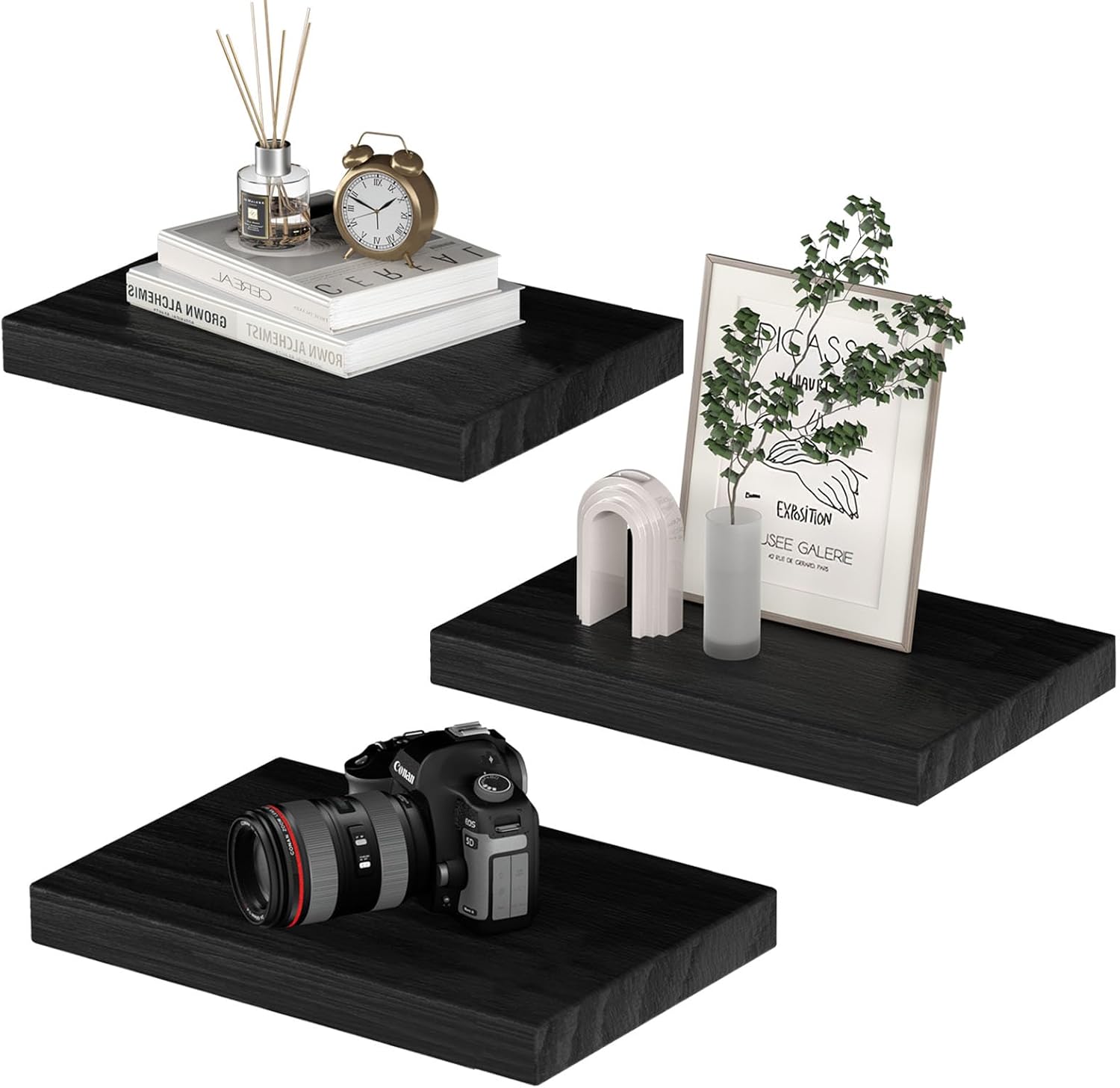 Set of 3 Floating Wall Shelves Black 12x9 Inch