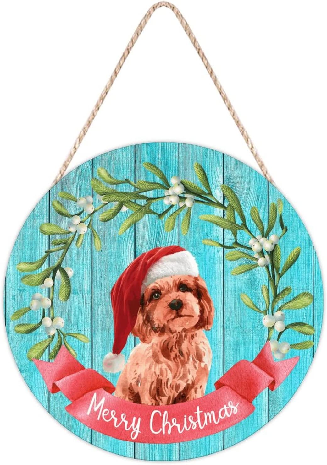 Farmhouse Door Hanger Funny Dog Santa Hat Holly Wreath Wood Sign