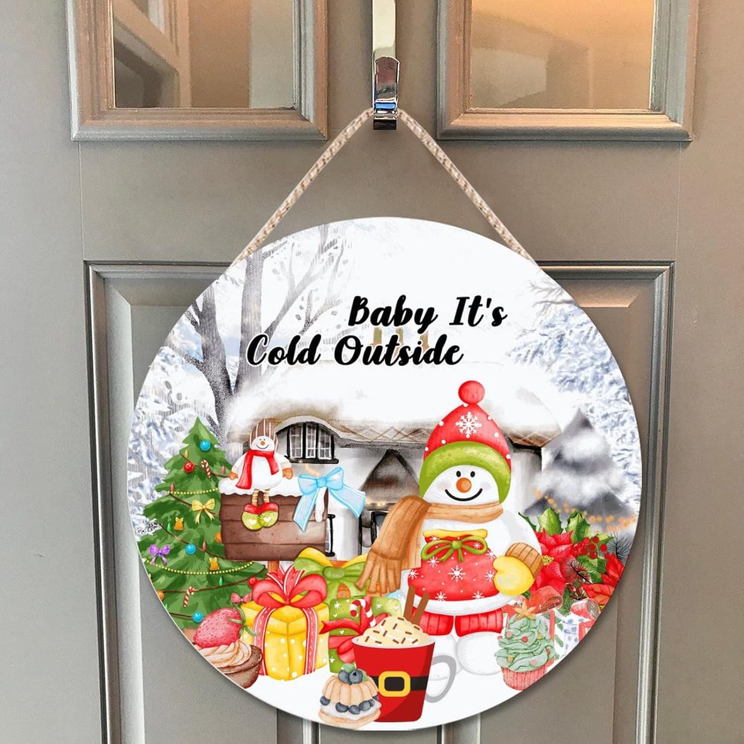 Farmhouse Front Door Hanger Winter Snowy Scene 12x12in Wood Sign