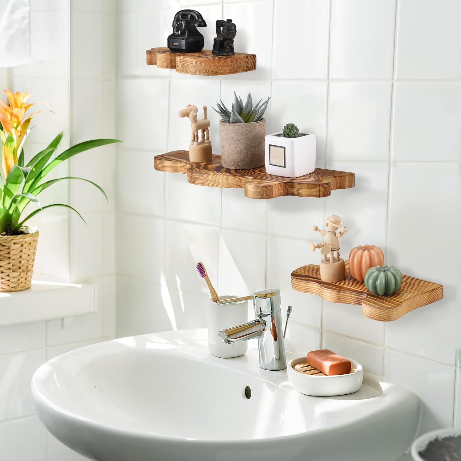 Suzile Set of 3 Rustic Wavy Floating Shelves Brown