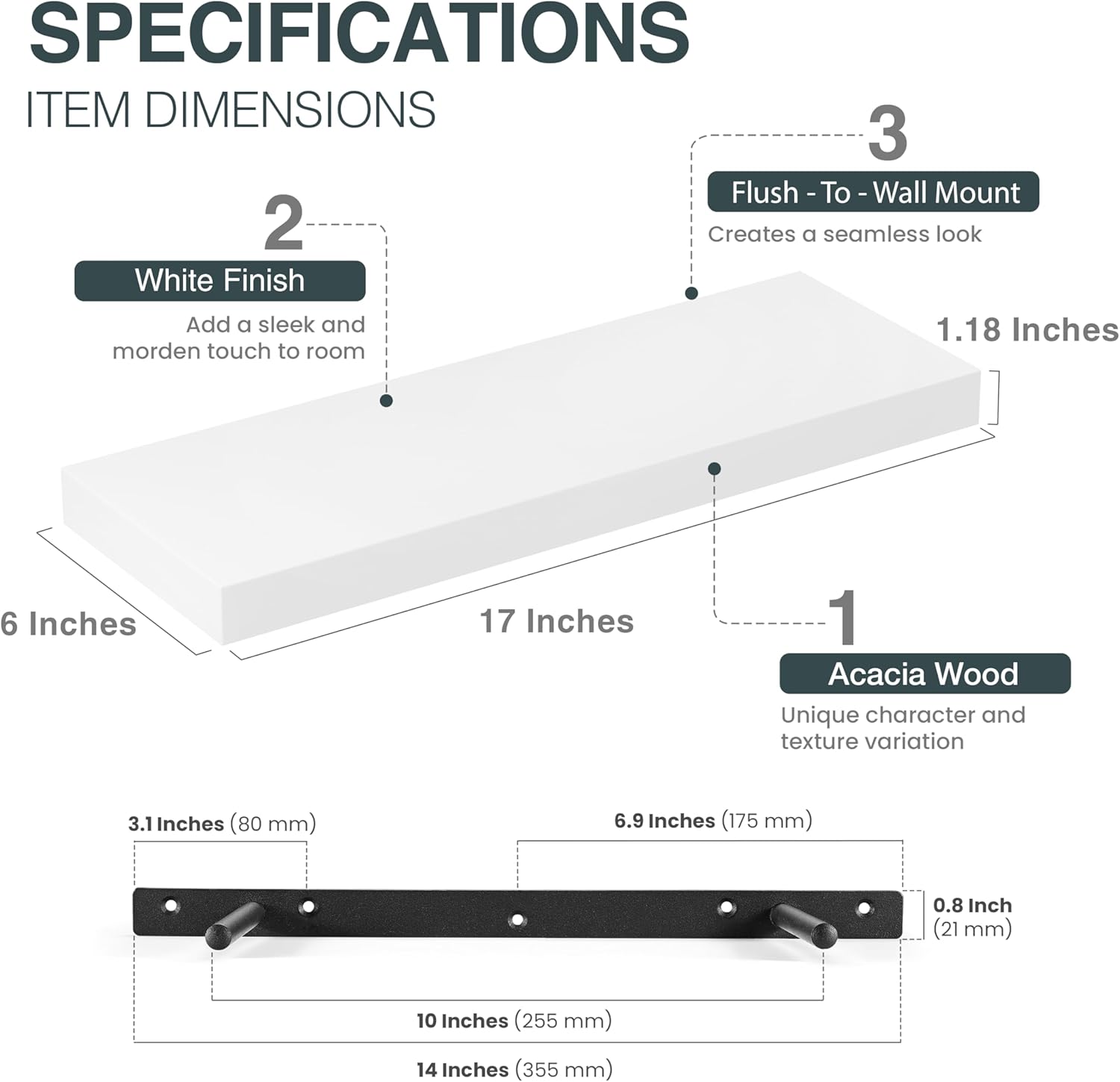 BATODA Set of 2 17 Inch White Floating Shelves Wall Mounted