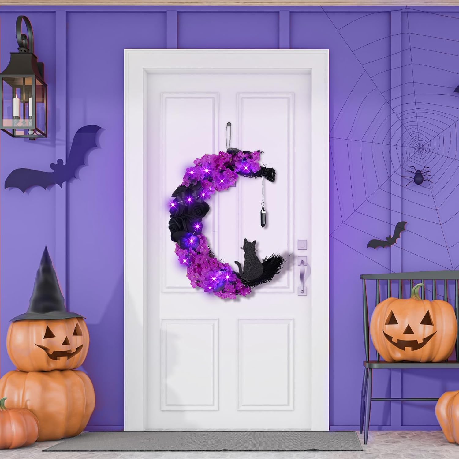 Ceenna Halloween Moon Wreath with Black Roses
