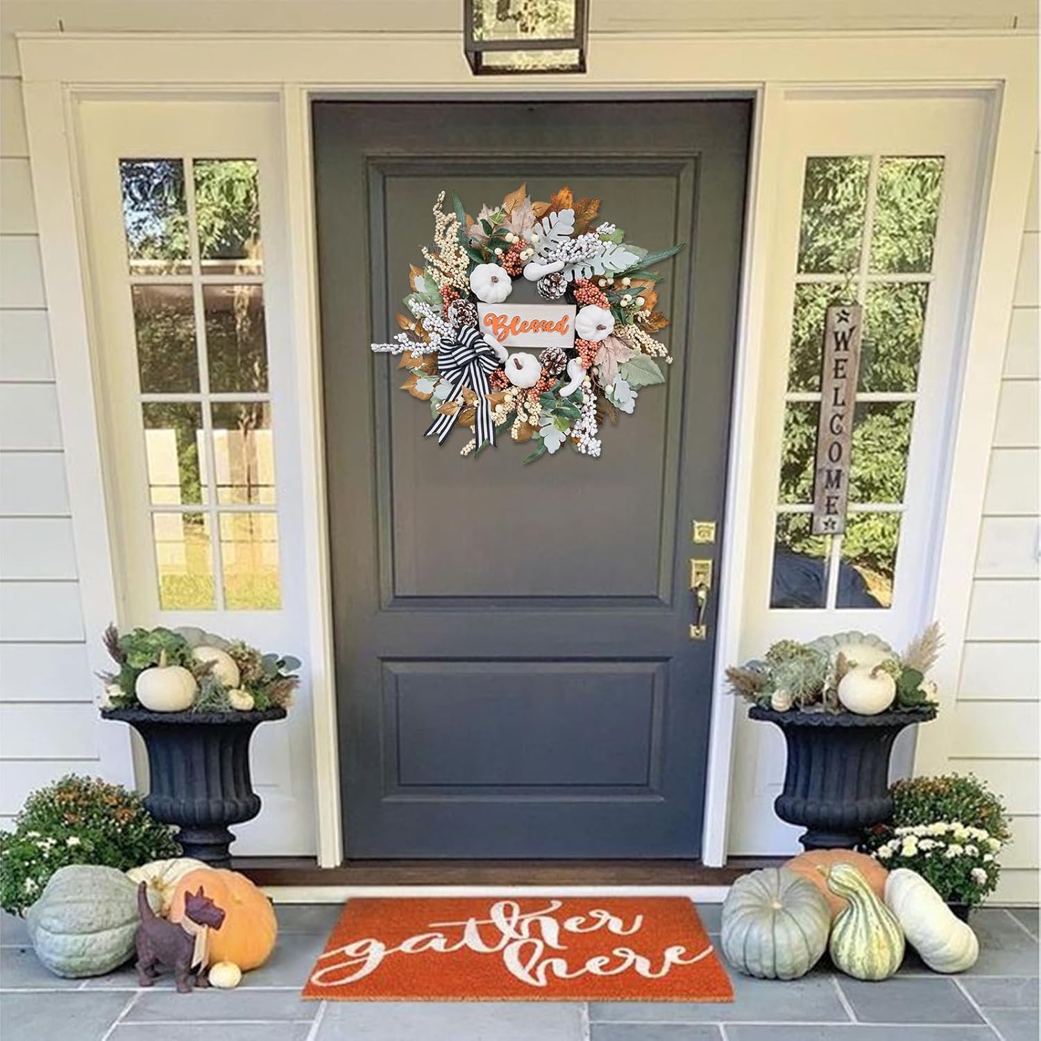 Vofuly Fall Wreath with White Pumpkin and Ribbon Bow