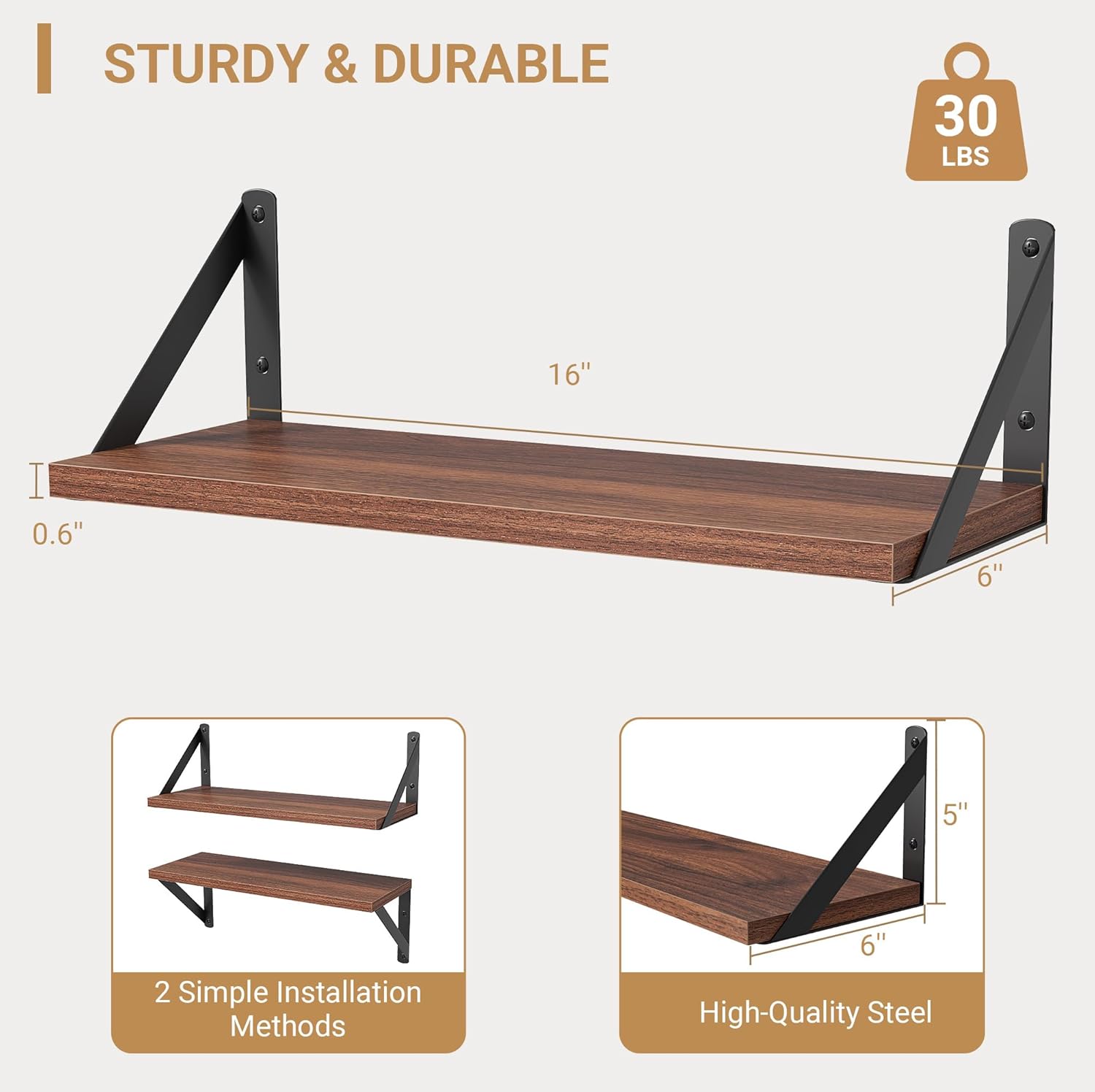 Heimlove Floating Shelves Set of 3 16 Inch Walnut Wood Wall Shelves