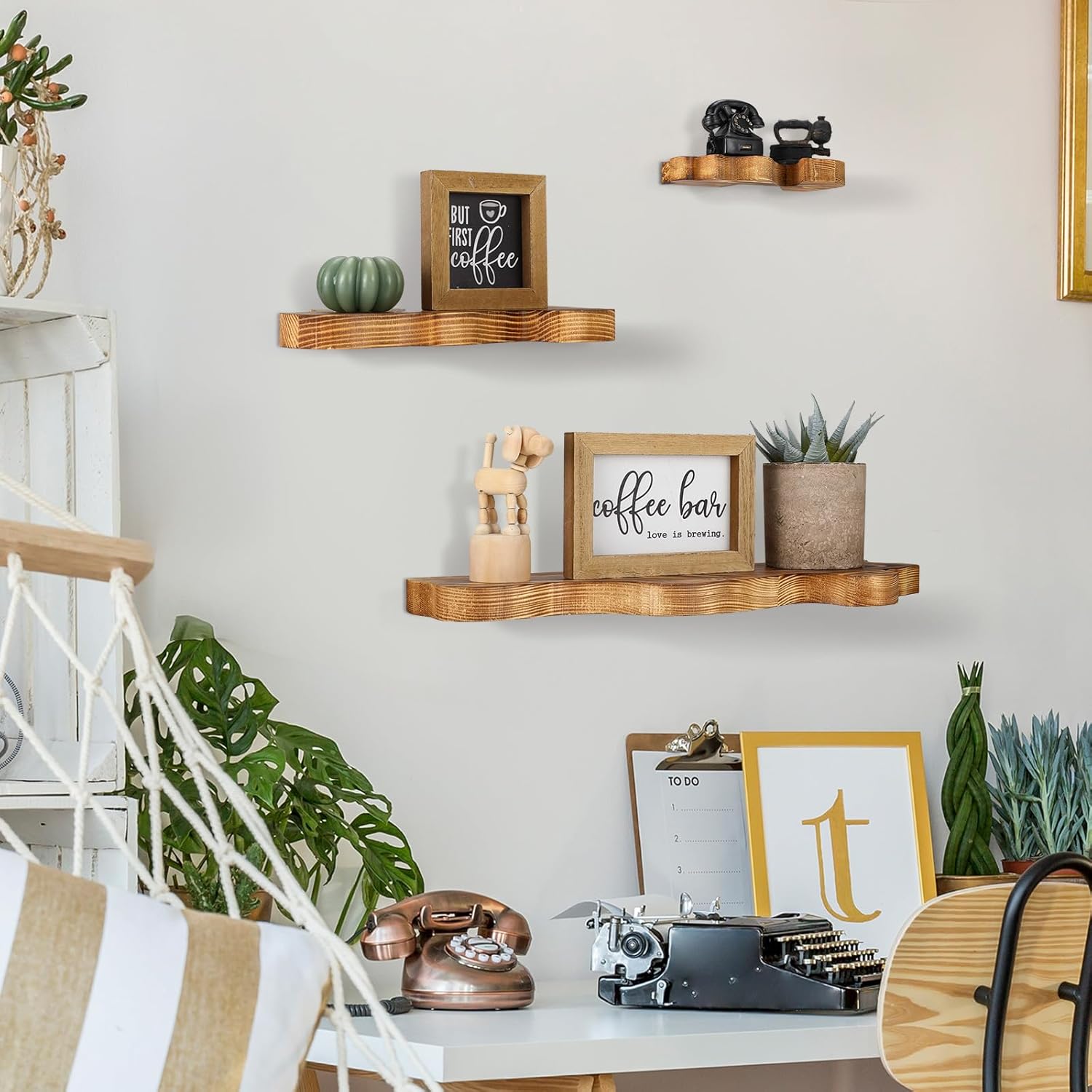 Suzile Set of 3 Rustic Wavy Floating Shelves Brown