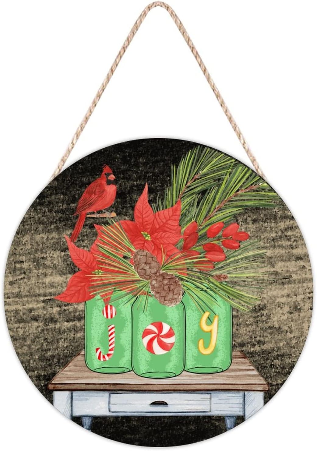 Farmhouse Door Hanger Christmas Red Bird Flower Joy Wood Sign 12x12in