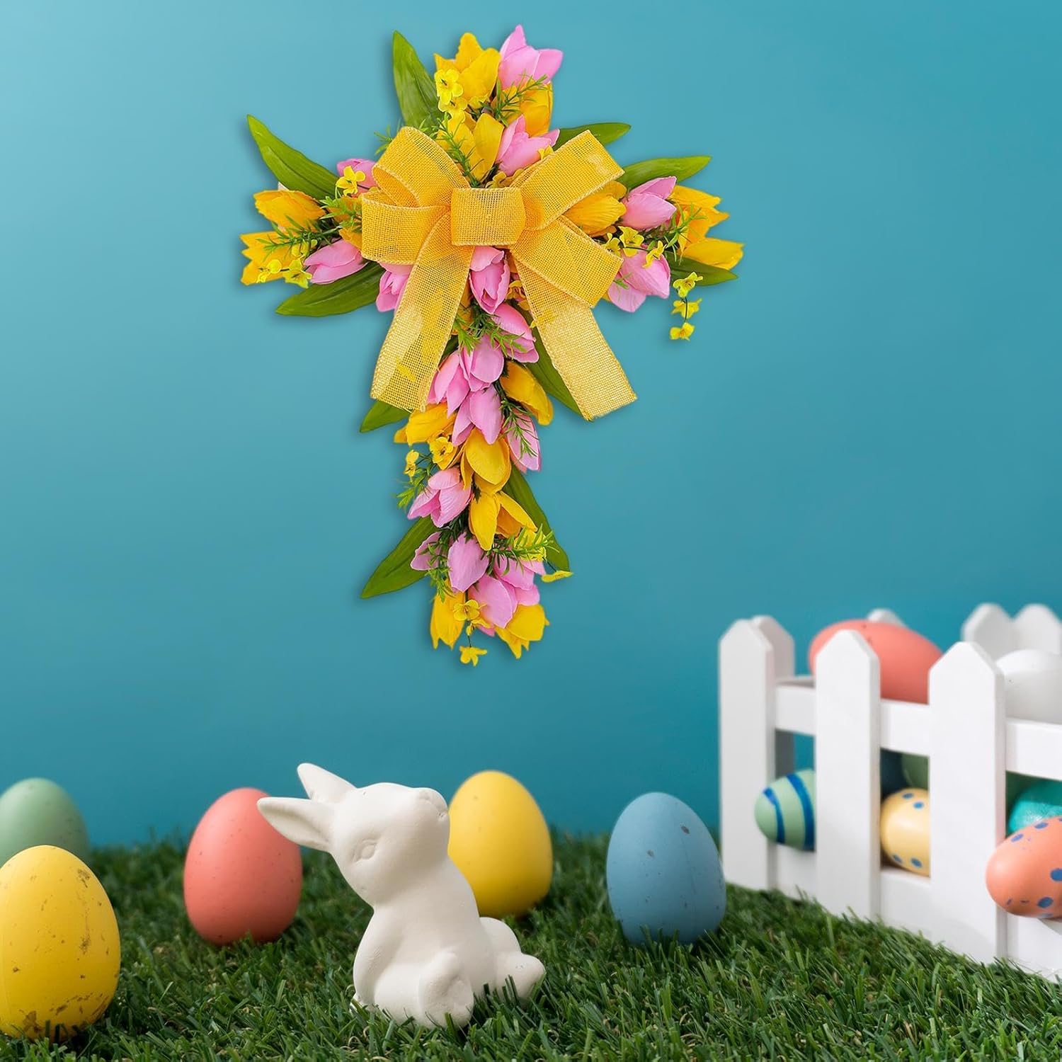 Easter Cross Wreath Artificial Flower Garland Spring Door Wreath Pink Yellow Tulip