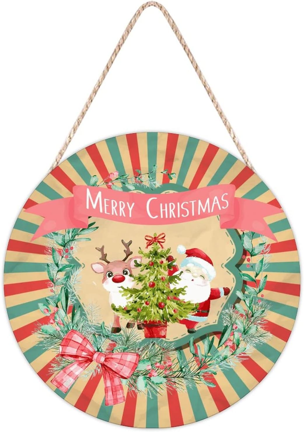 Funny Farmhouse Door Hanger Santa Reindeer Wreath Sign 10x10in