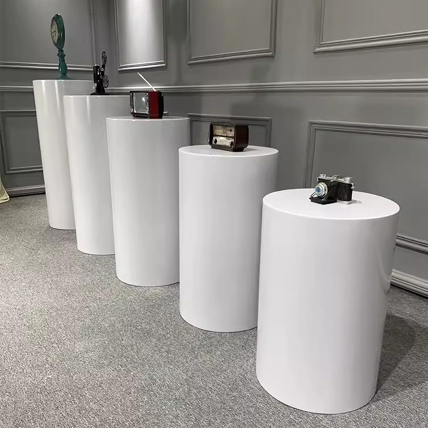 5 Piece White Metal Cylinder Display Stands for Parties