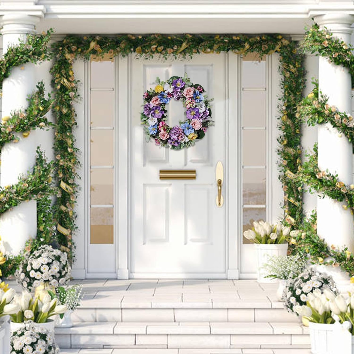 24 Inch Spring Summer Door Wreath with Purple Hydrangea and Pink Roses