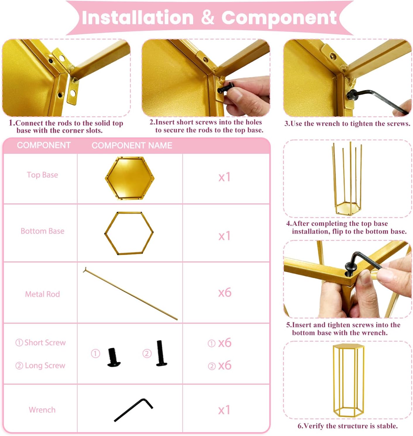 Hexagon Pedestal Stand 3Pcs Gold Metal Cake Display Stands