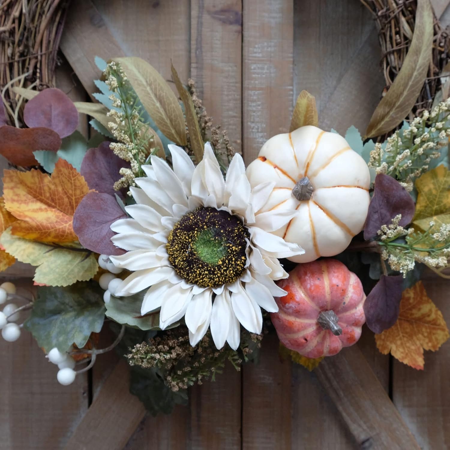 12 Inch Fall Harvest Wreath with Pumpkins and Sunflowers