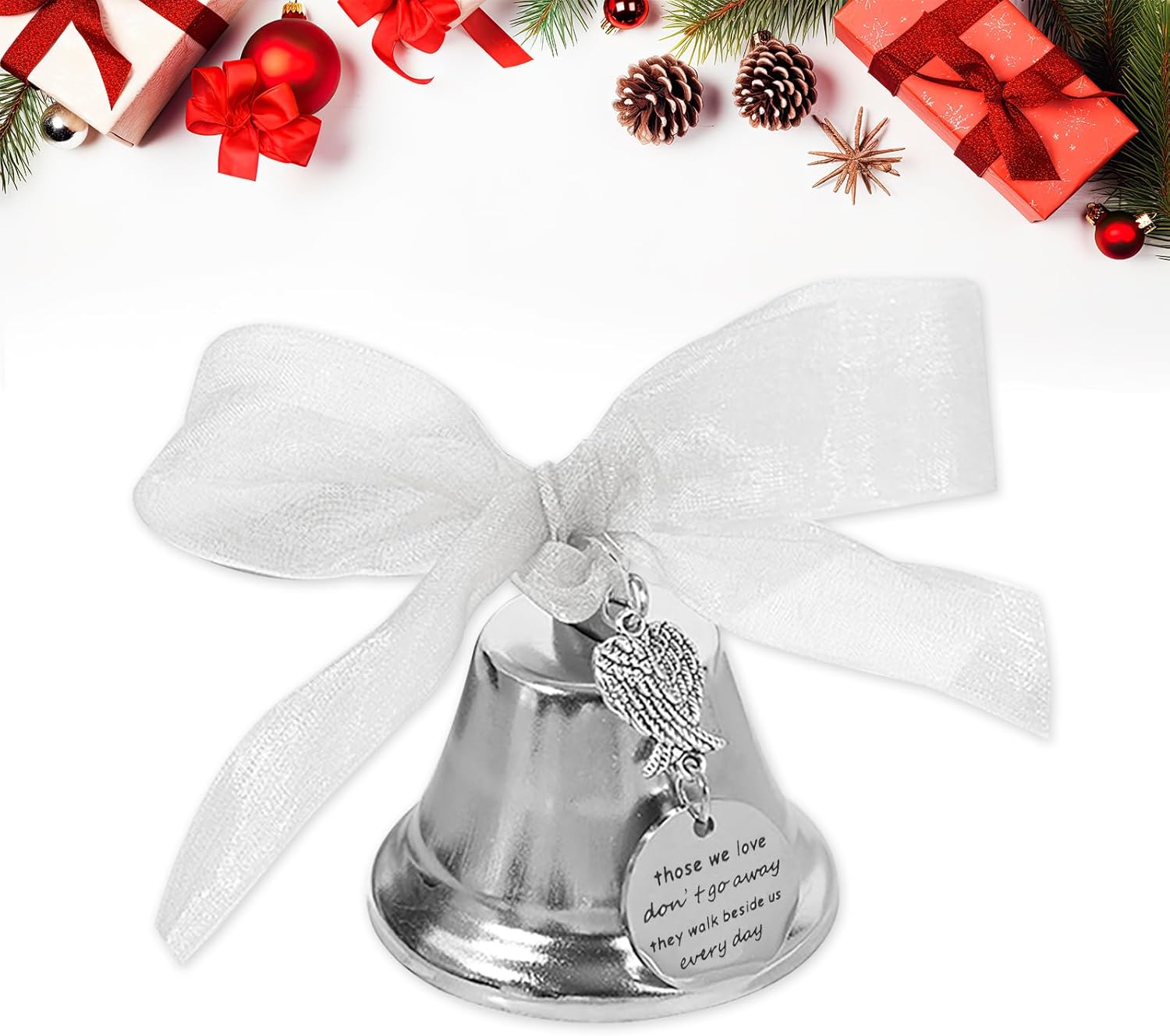 Silver Christmas Bell Ornament with Angel Wings