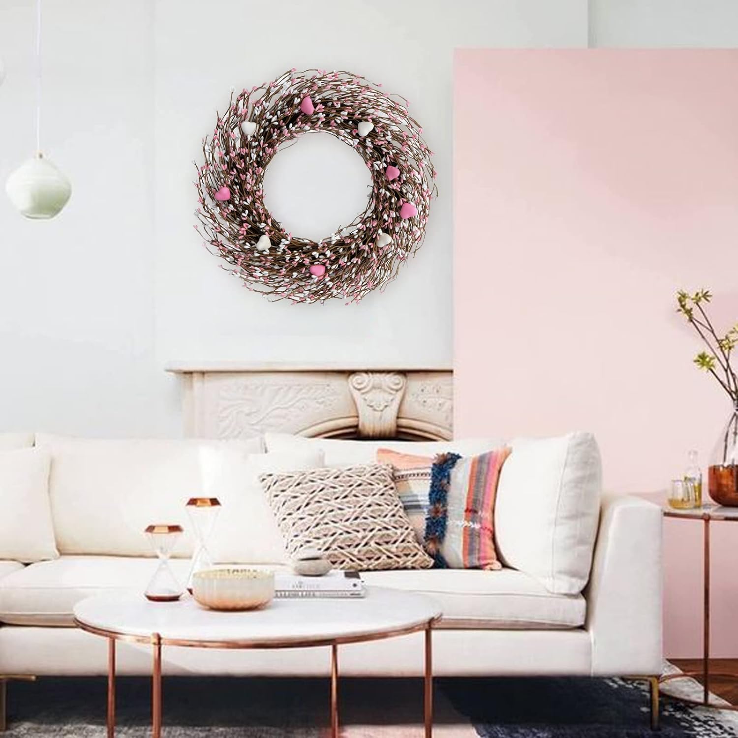 Pink White Berries Wreath 18 Inches for Front Door