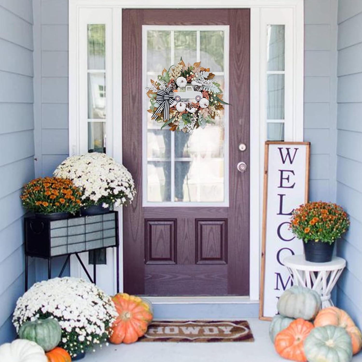 20 Inch Fall Wreath with White Pumpkin and Ribbon Bow