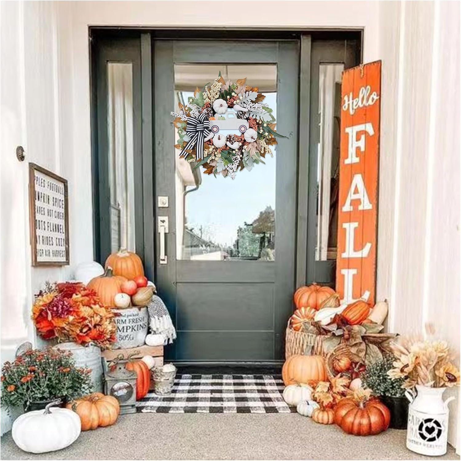 20 Inch Fall Wreath with White Pumpkin and Ribbon Bow