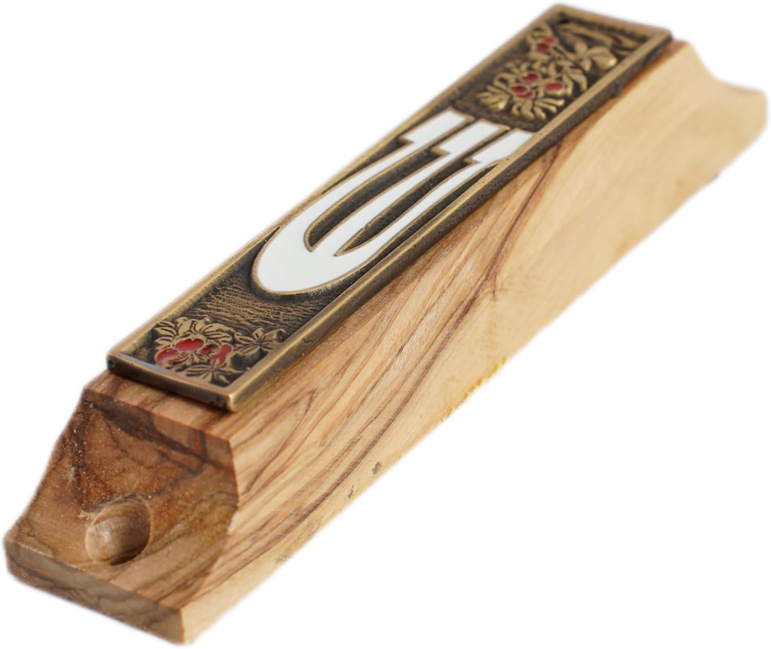 Traditional Handmade Olive Wood Mezuzah Case with Enamel Plate and Non-Kosher Scroll