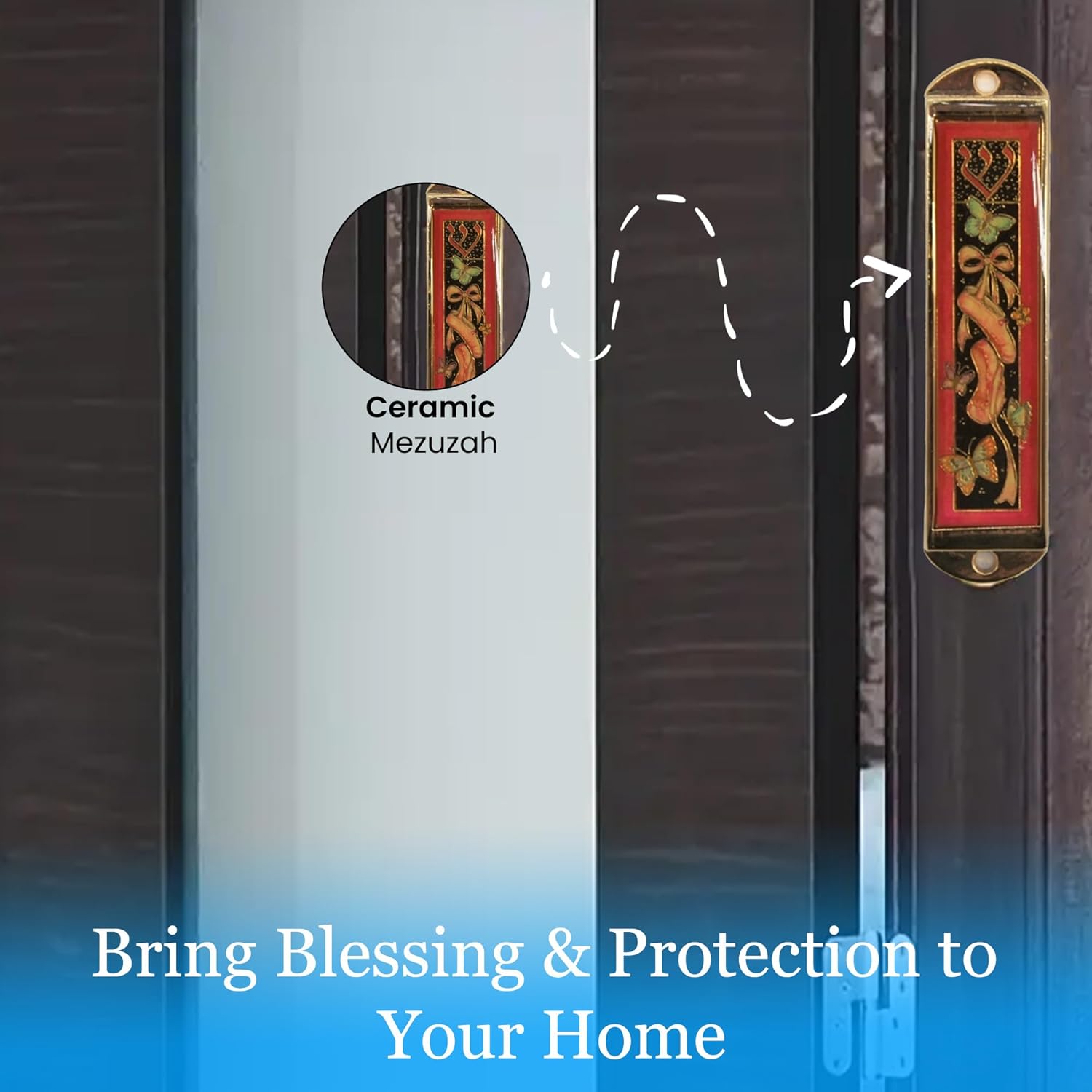 Ceramic Mezuzah Case with Gold-Red Butterflies Design