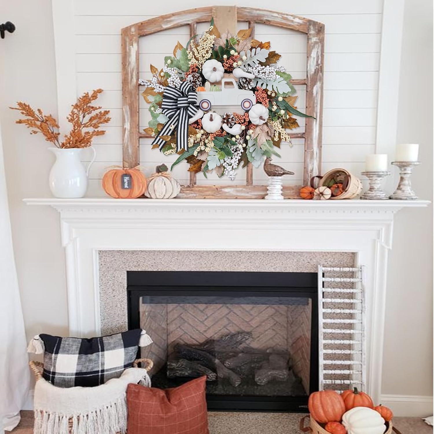 20 Inch Fall Wreath with White Pumpkin and Ribbon Bow