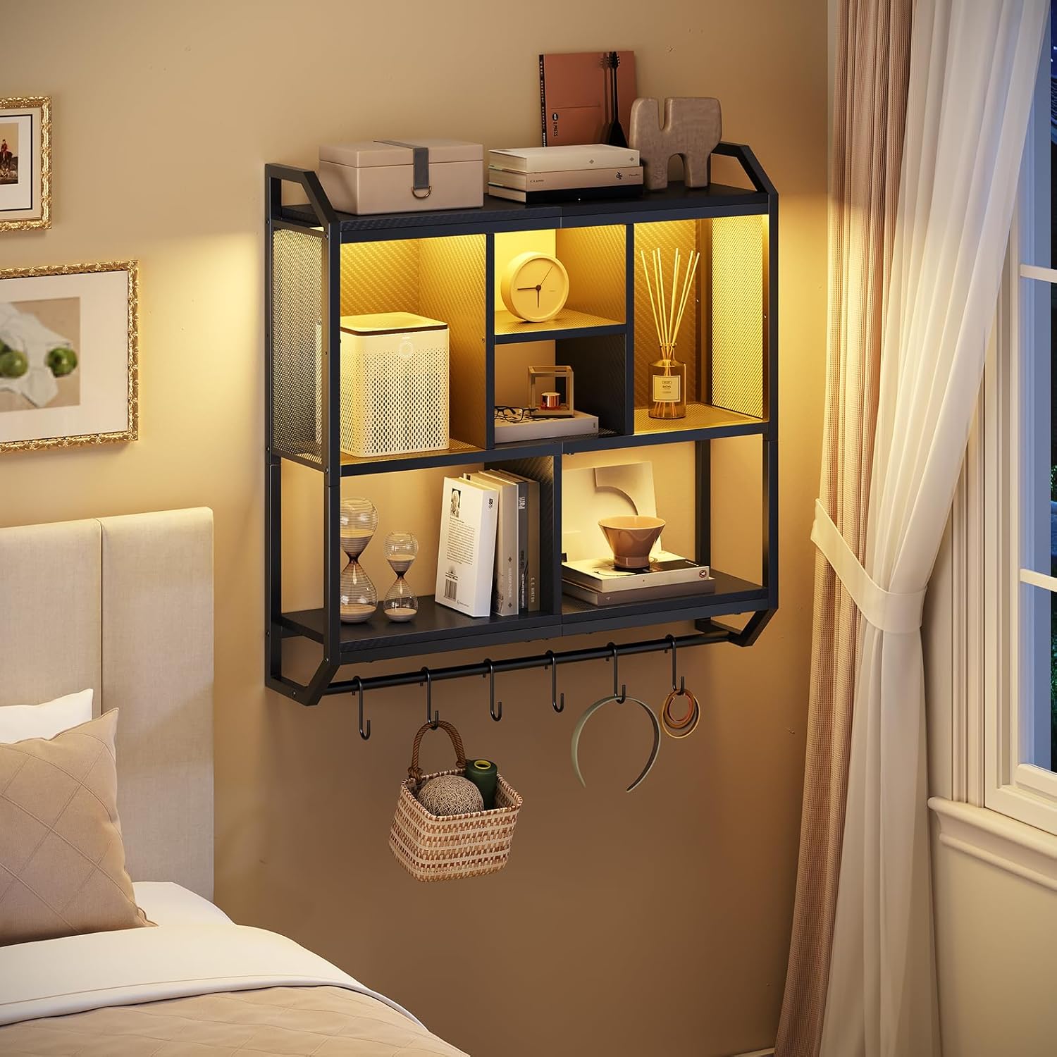 HOOBRO 3-Tier Floating Gaming Shelf with LED Lights Black