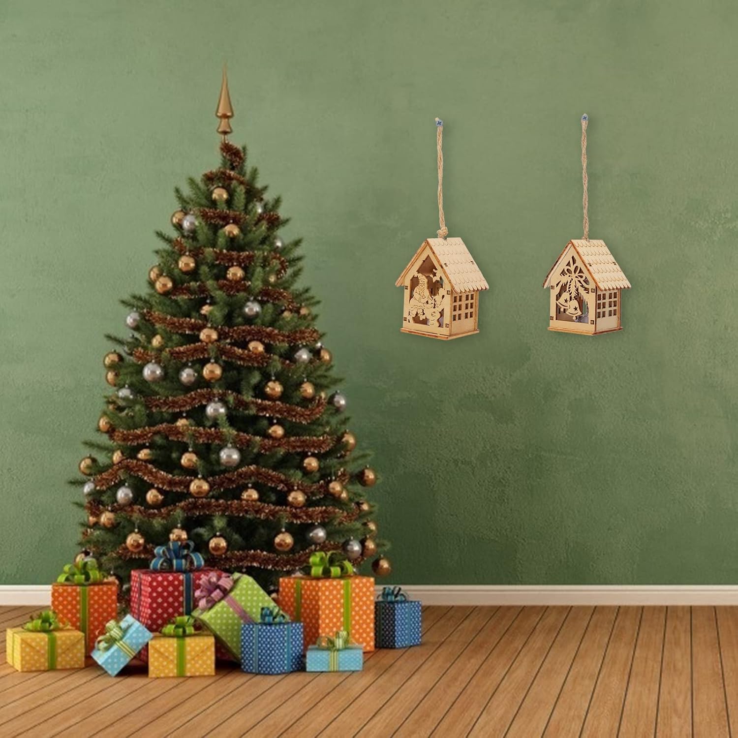 Uonlytech 2pcs Luminous Wooden Christmas Pendant for Home Decor