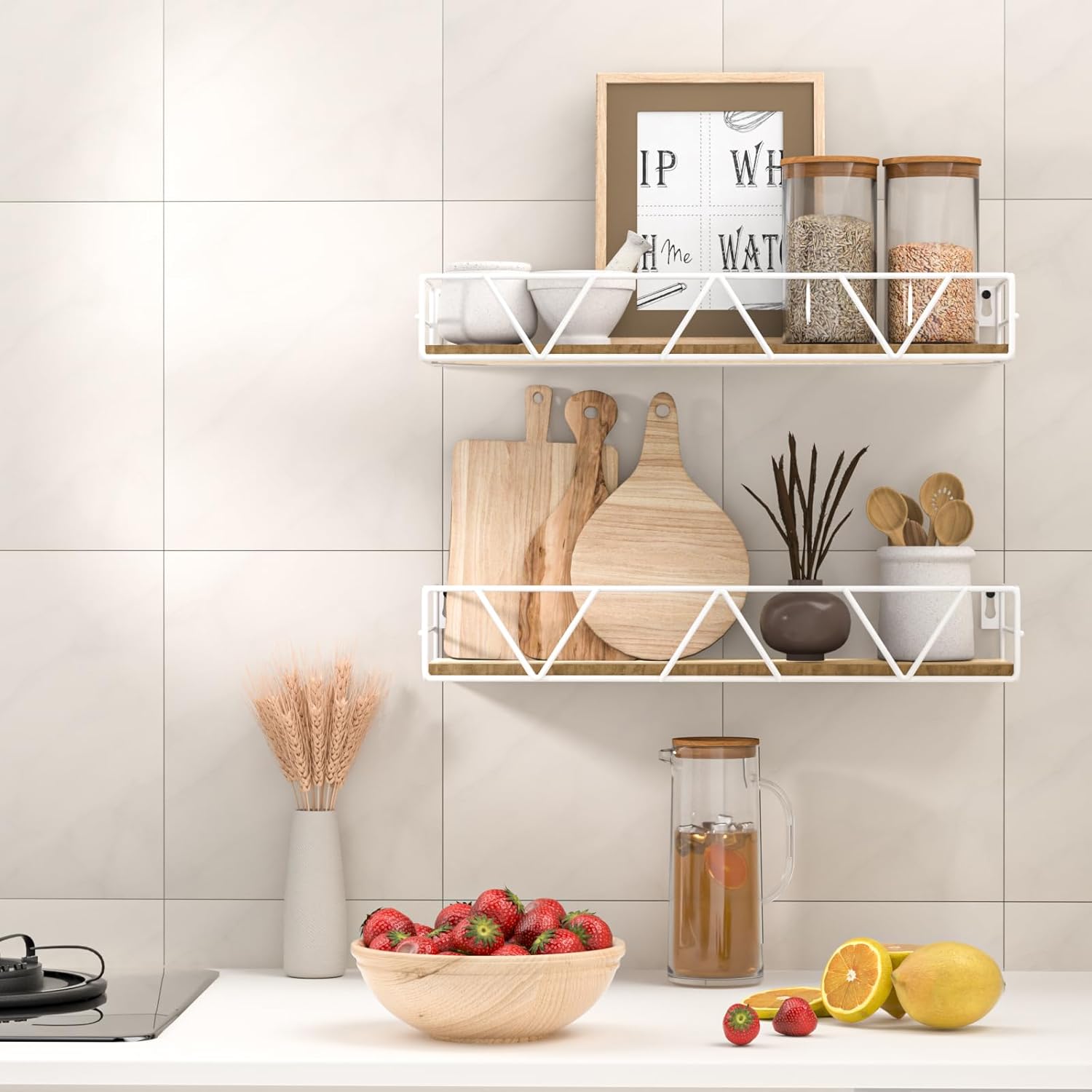 3 Piece Floating Wall Shelves Set White Farmhouse Style