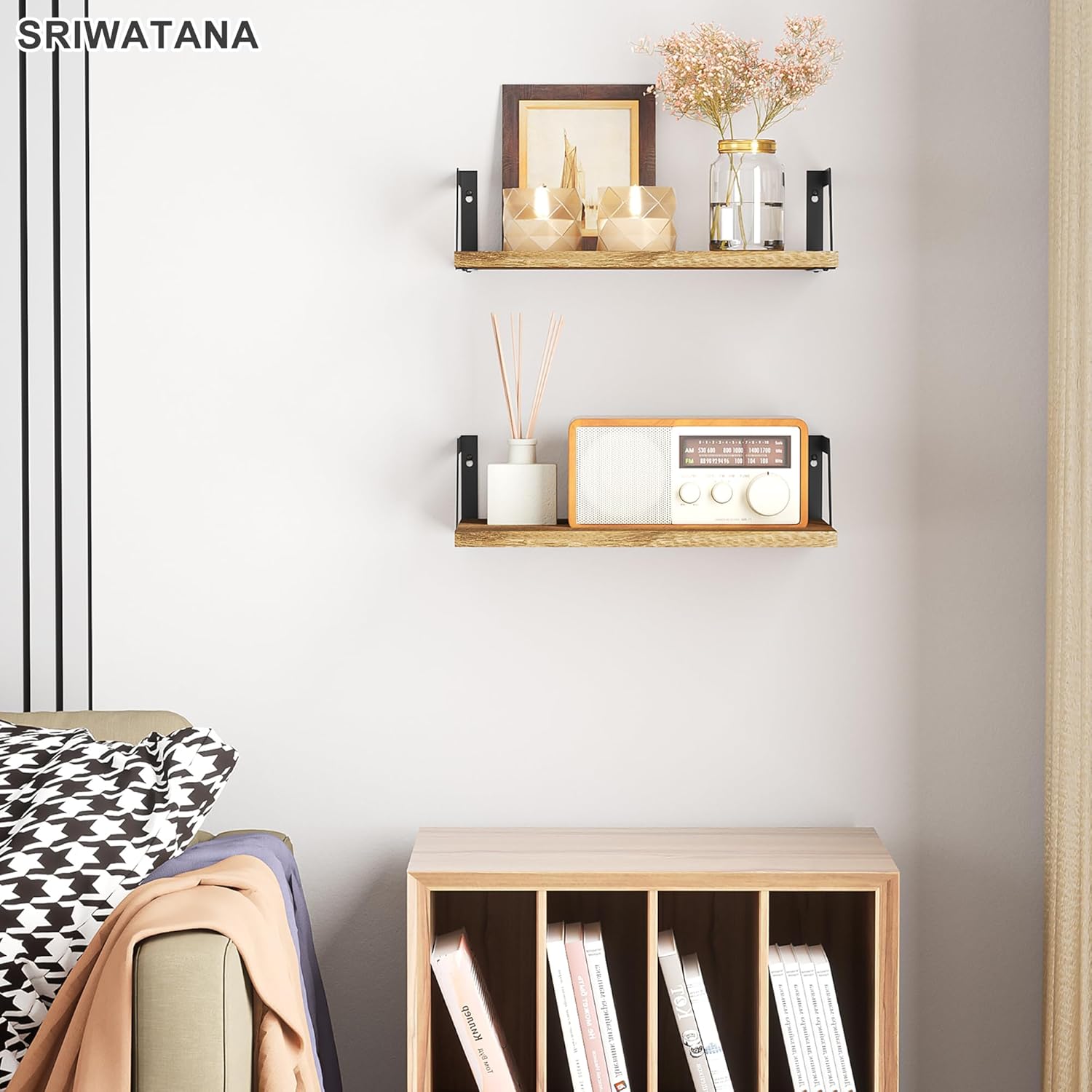 SRIWATANA Floating Shelves Wall Mounted Set of 2 Rustic Wood Carbonized Black
