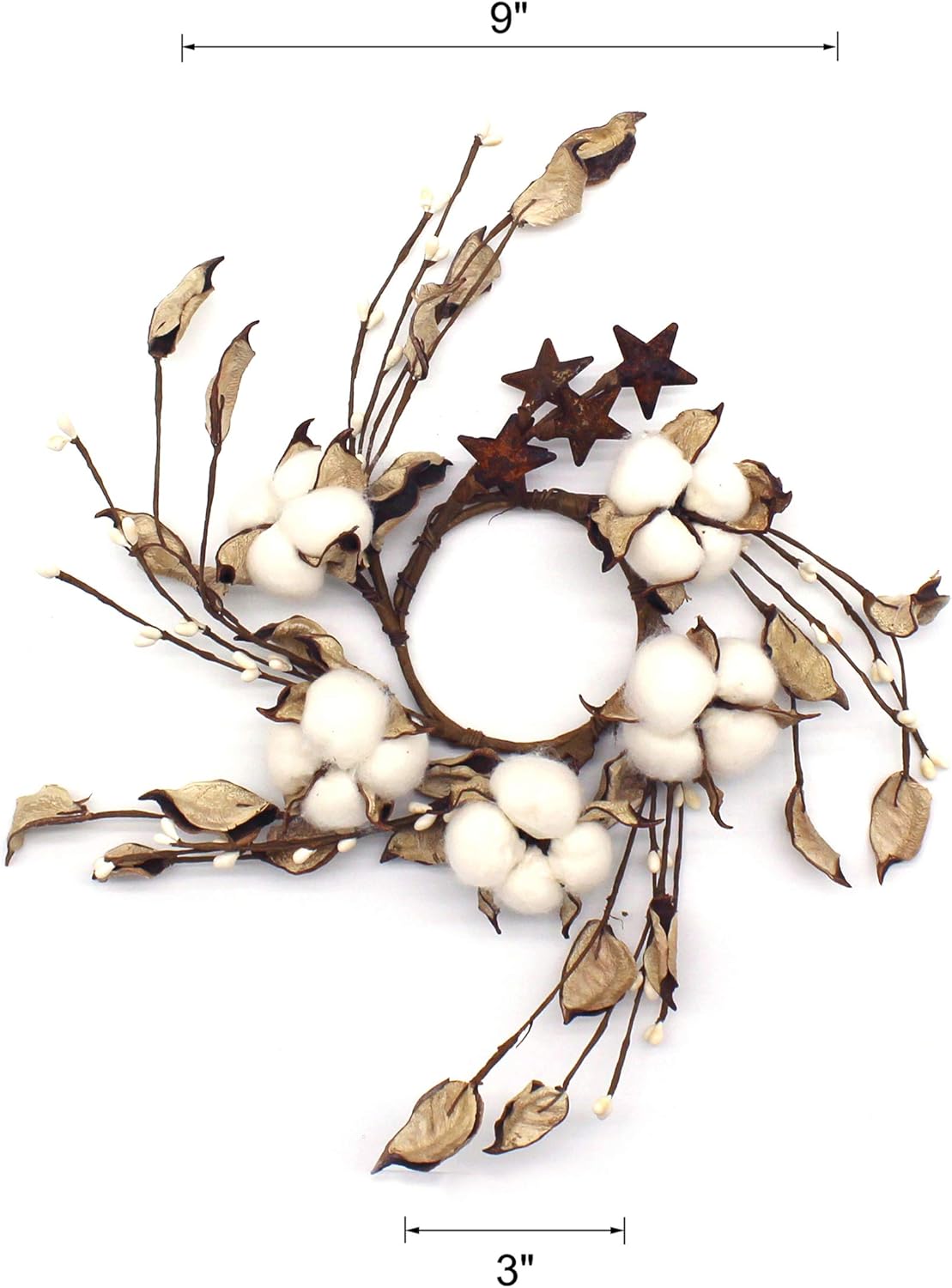 Rustic Pod Wreath with Autumn Leaves and Barn Stars 9 Inch