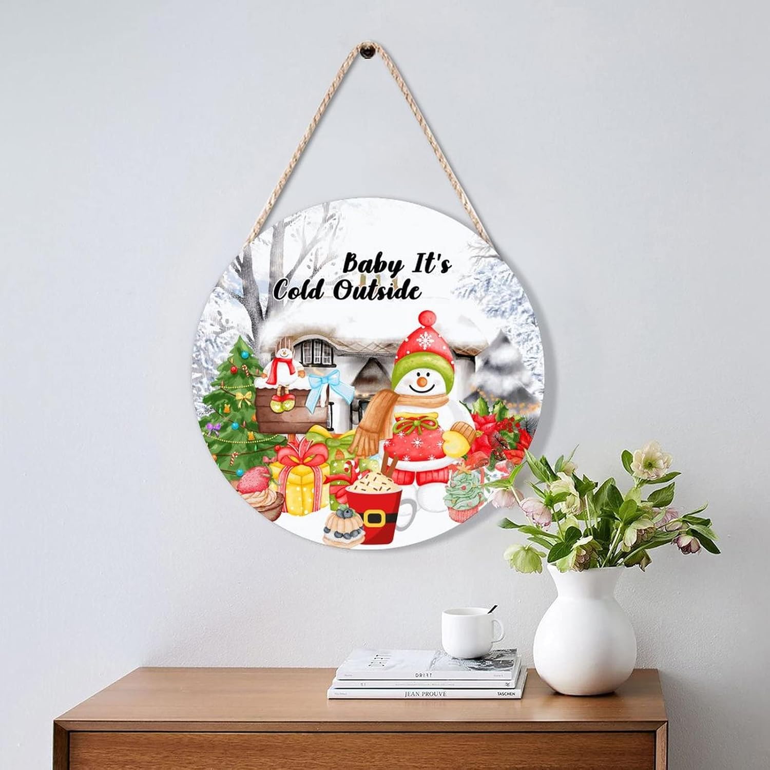 Farmhouse Front Door Hanger Winter Snowy Scene 12x12in Wood Sign