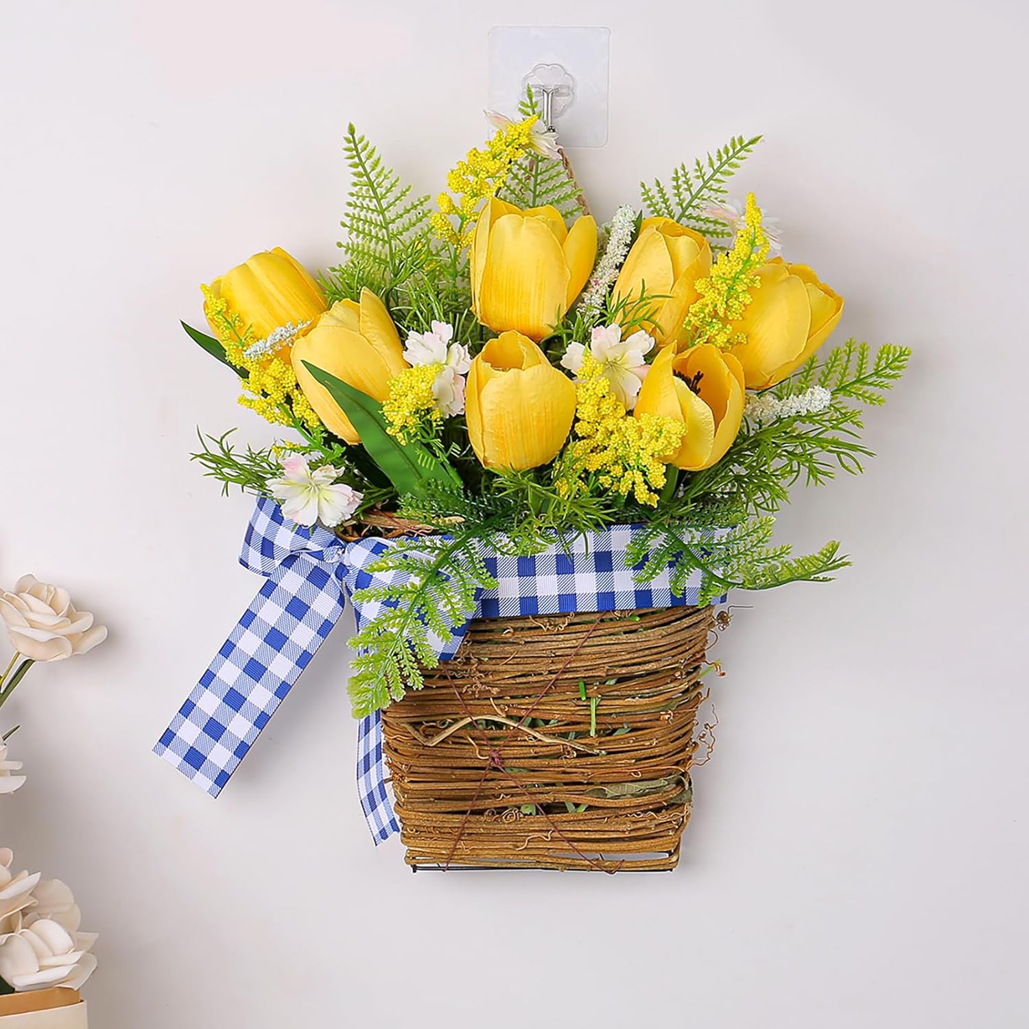 Tomotato Tulips Door Wreath Basket with Wildflowers