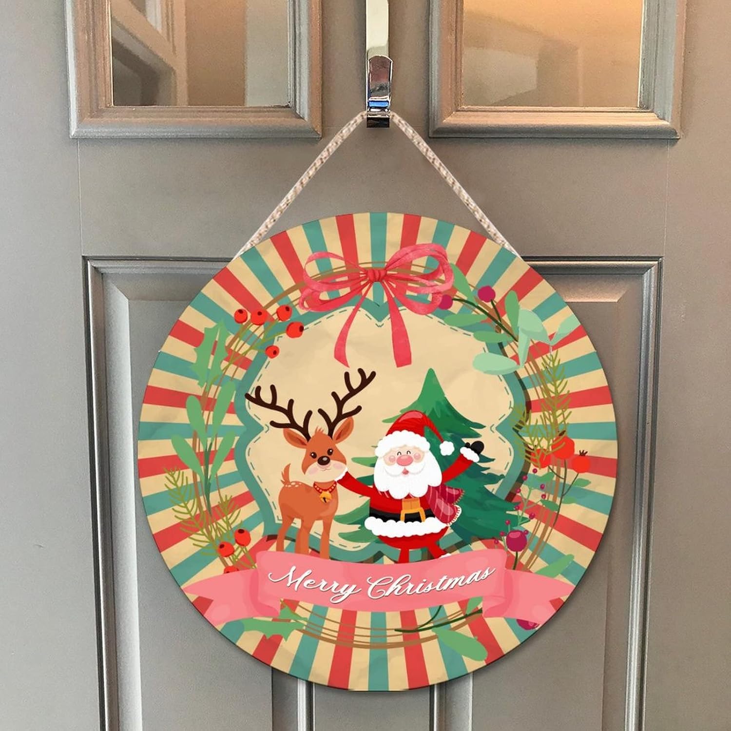 Holly Christmas Wreath Funny Santa Reindeer Door Hanger