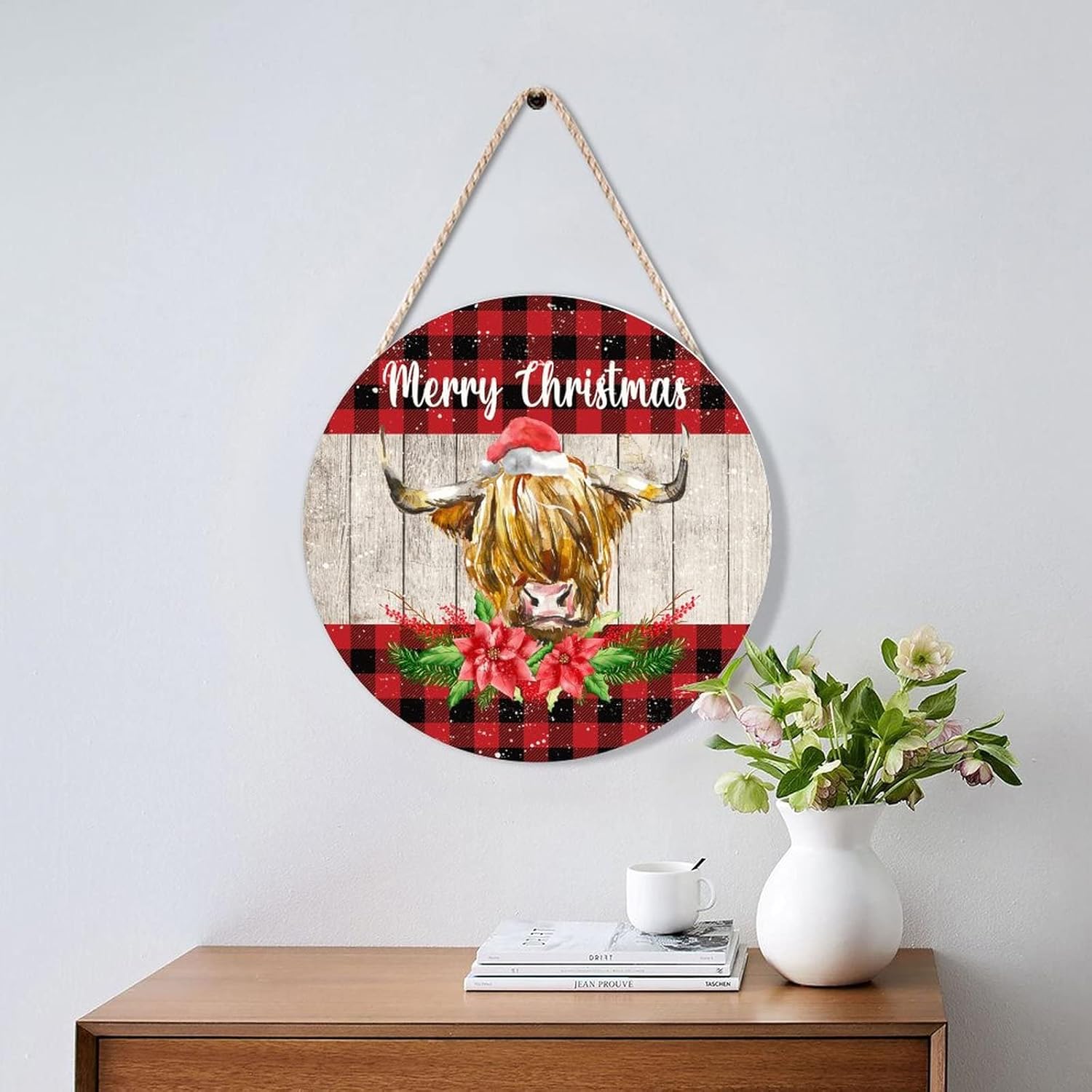 Farmhouse Door Hanger Red Buffalo Plaid Wood Sign 10x10in