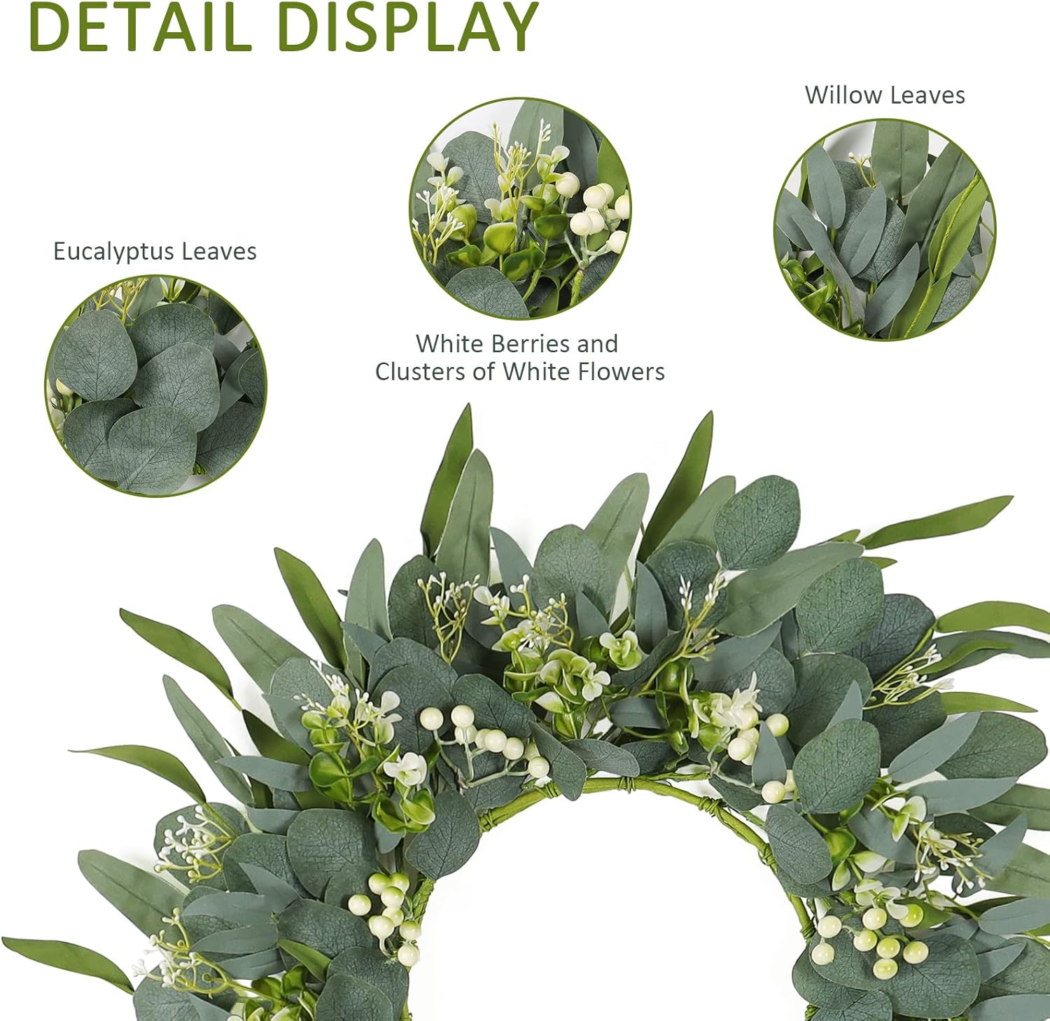 TOCHGREEN 22 In Artificial Eucalyptus Wreath with White Berries