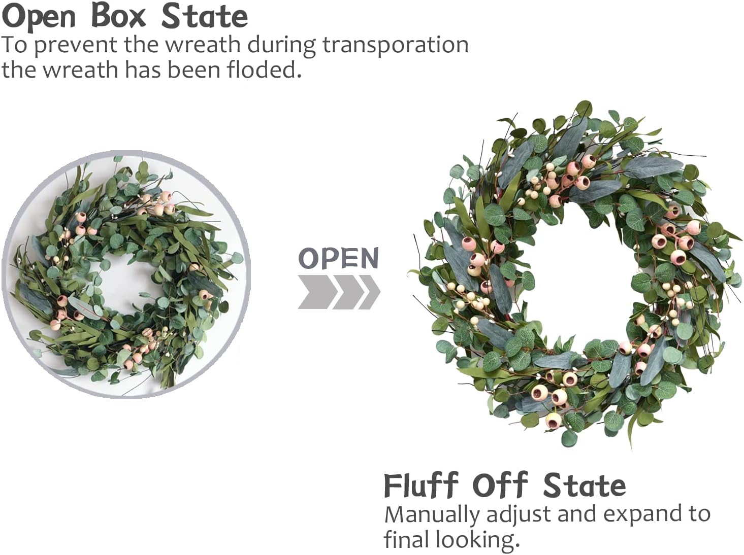 Bibelot 20in Artificial Eucalyptus Leaves Wreath with White Berries