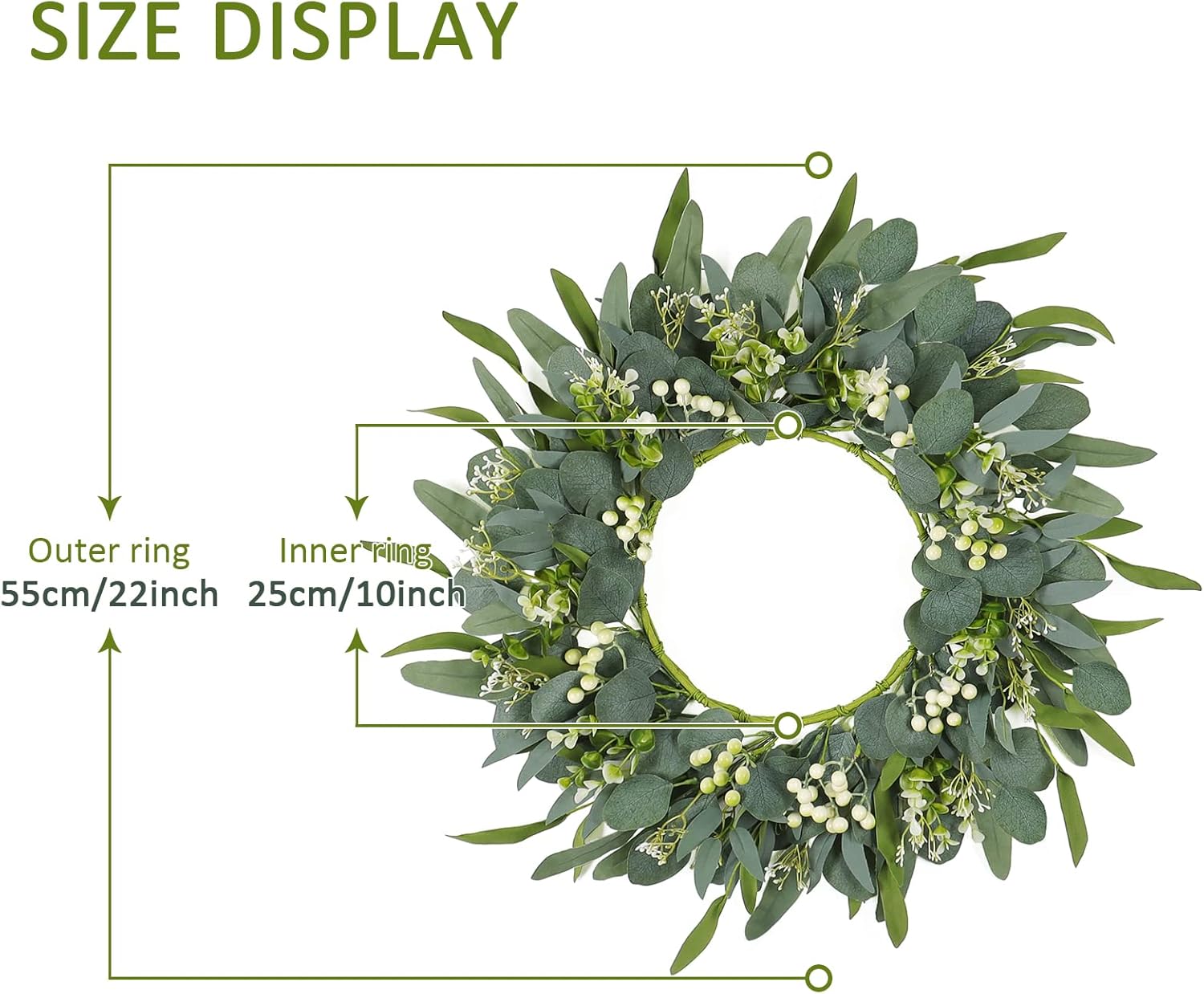 TOCHGREEN 22 In Artificial Eucalyptus Wreath with White Berries