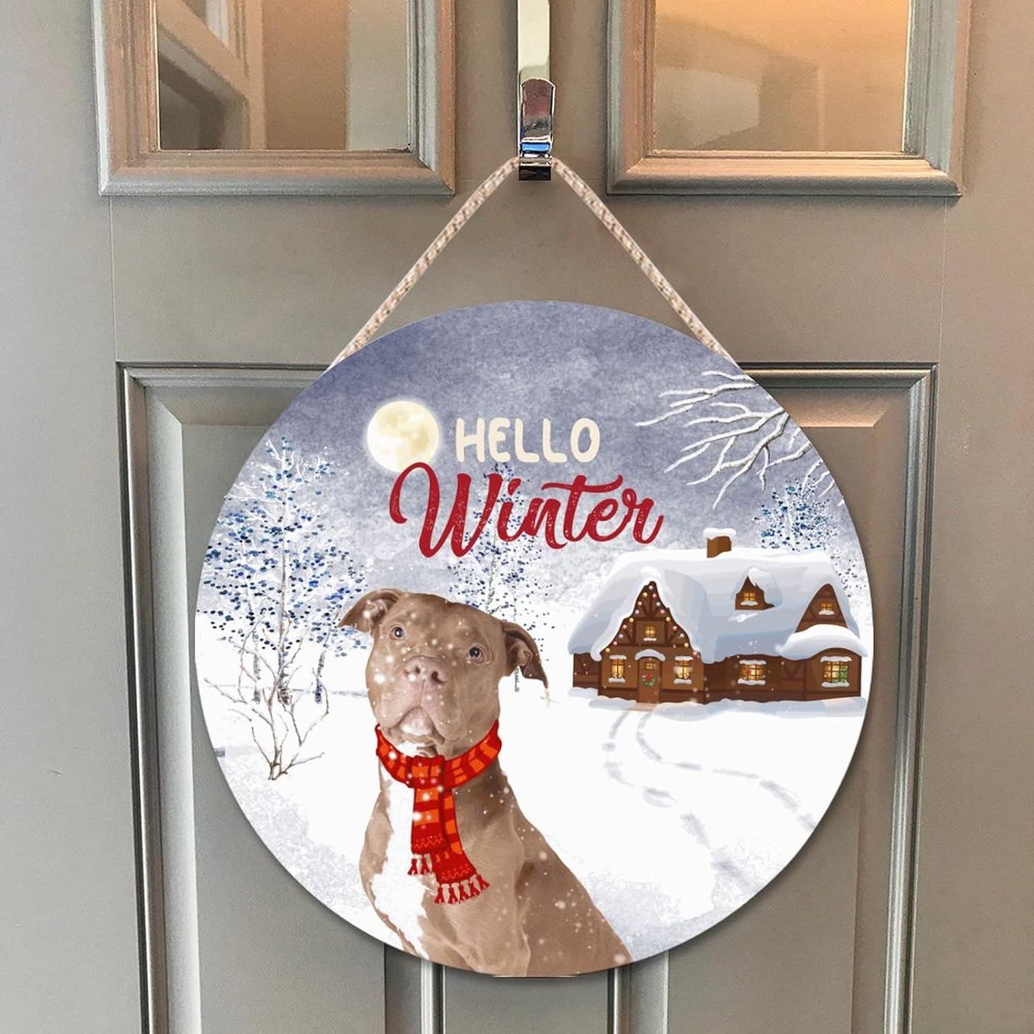 Farmhouse Front Door Hanger Hello Winter Christmas Dog Wearing Scarf Wood Sign