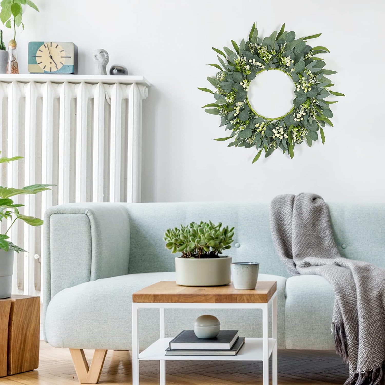 TOCHGREEN 22 In Artificial Eucalyptus Wreath with White Berries