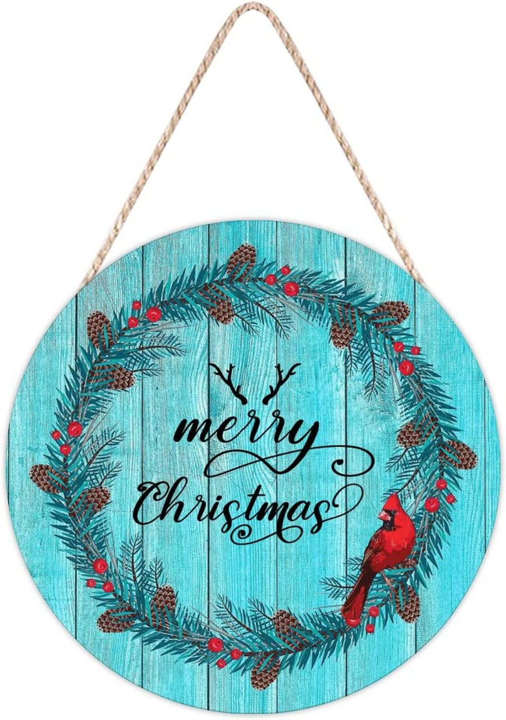 Farmhouse Front Door Hanger Red Bird Wreath Christmas Wood Sign