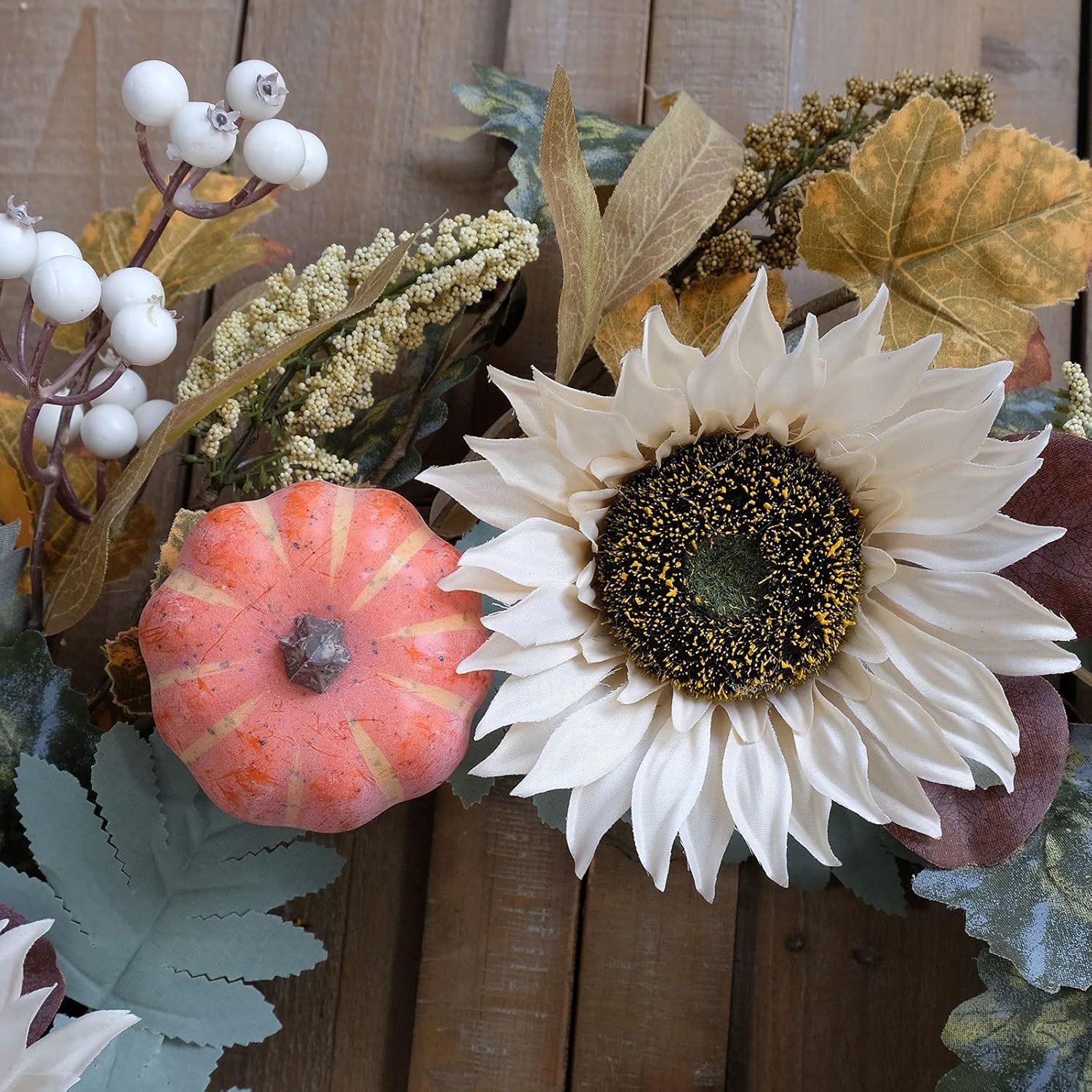 Idyllic 20 Inch White Sunflower Pumpkin Fall Wreath